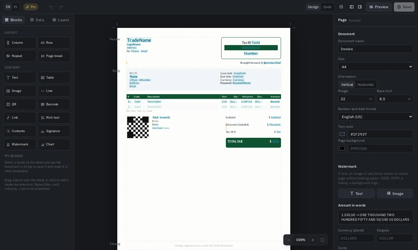 The XtudioPdf designer with an invoice template