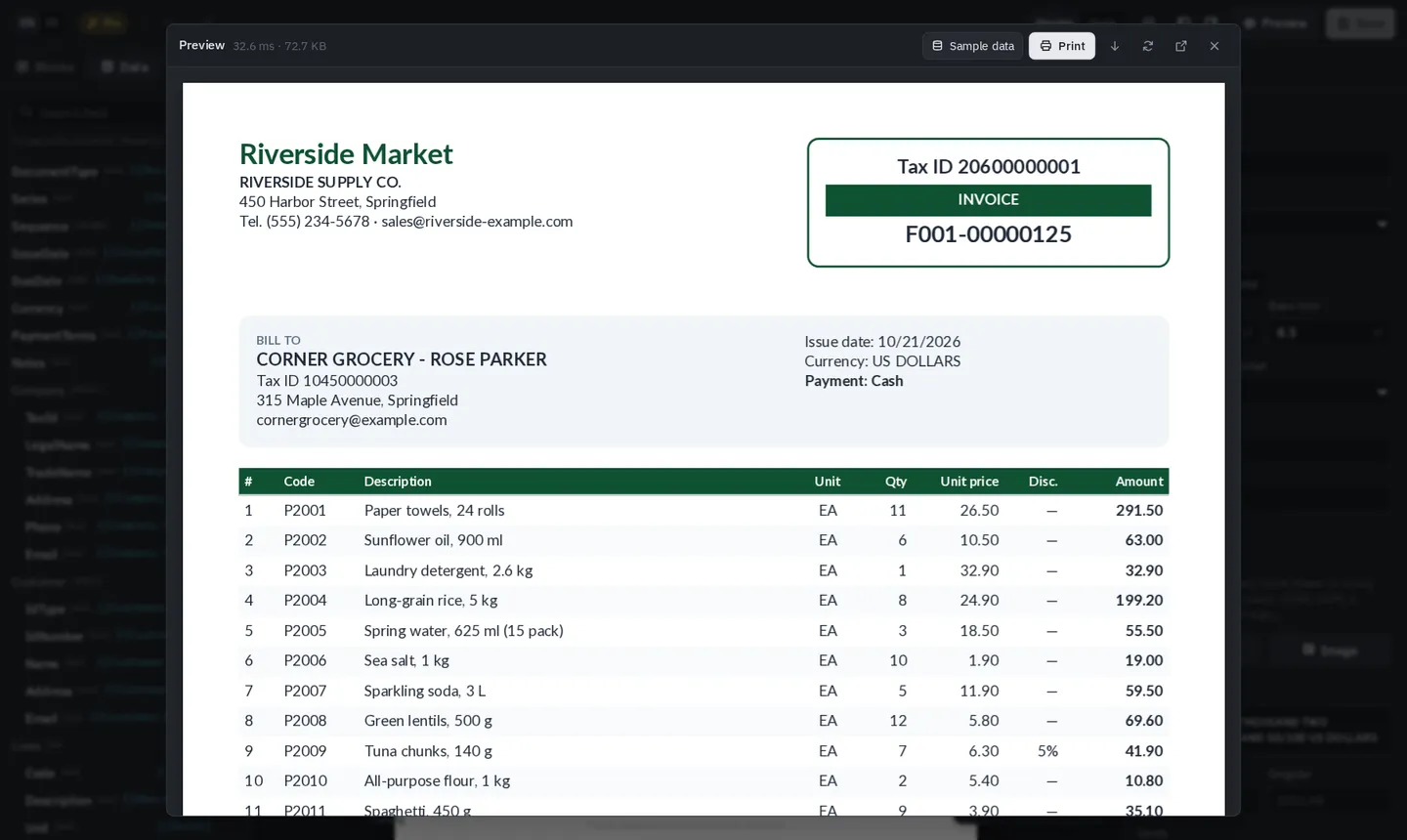 Preview of the invoice PDF with sample data