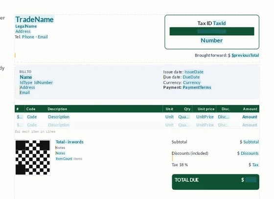 A template in the designer, with the fields of the DTO on the sheet