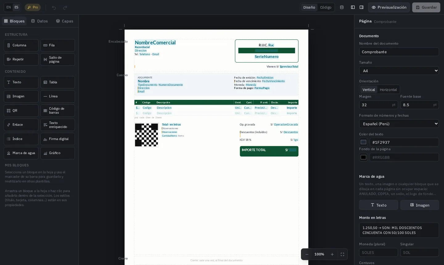 El diseñador de XtudioPdf con una plantilla de factura